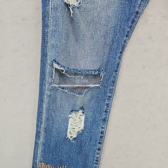 Custom Levi's Womens 33 Blue Distressed Front & Back Rhinestone Fringe Festival - Picture 6 of 16